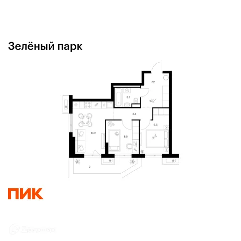 Планировка 2 комн. в ЖК Зелёный парк