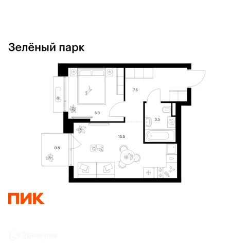 Планировка 1 комн. в ЖК Зелёный парк
