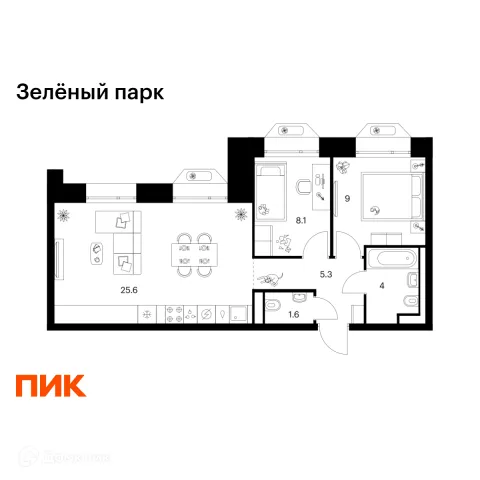 Планировка 2 комн. в ЖК Зелёный парк