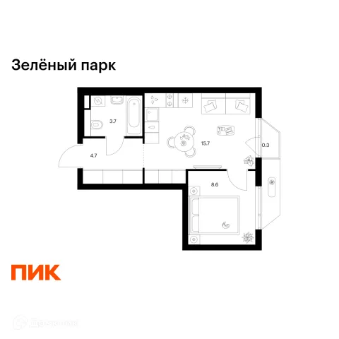 Планировка 1 комн. в ЖК Зелёный парк