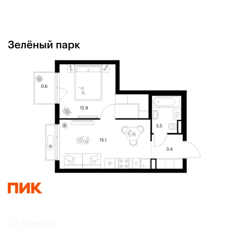 Планировка 1 комн. в ЖК Зелёный парк