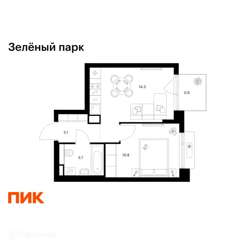 Планировка 1 комн. в ЖК Зелёный парк