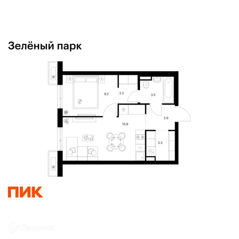 Планировка 1 комн. в ЖК Зелёный парк