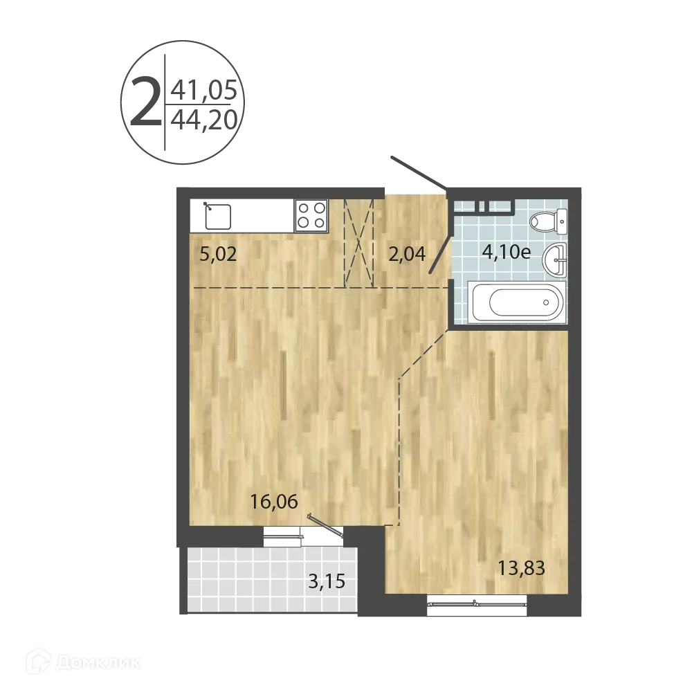 Планировка 2-комнатной квартиры 44.2 м² в ЖК ЛЕРМОНТОВ ПАРК, г. Иркутск — фото 1