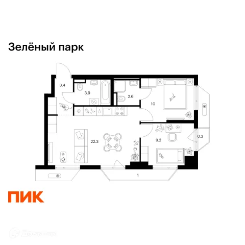 Планировка 2 комн. в ЖК Зелёный парк