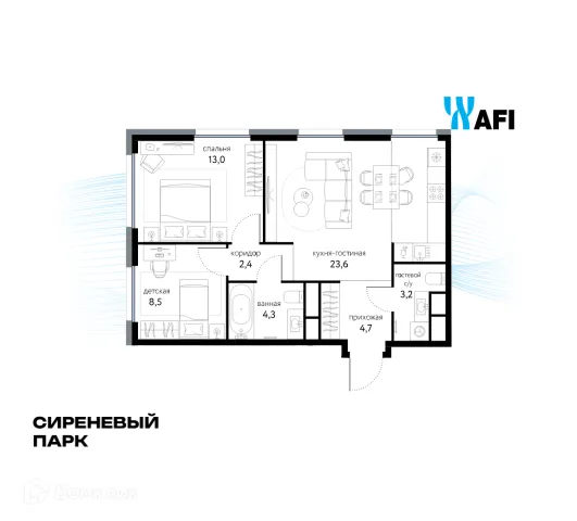 Планировка 3 комн. в ЖК "Сиреневый парк"