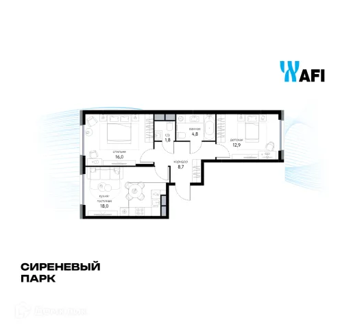 Планировка 3 комн. в ЖК "Сиреневый парк"