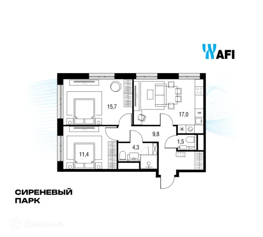 Планировка 3 комн. в ЖК "Сиреневый парк"