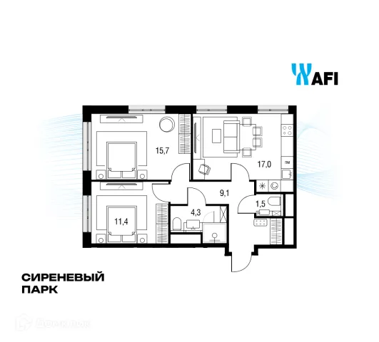 Планировка 3 комн. в ЖК "Сиреневый парк"