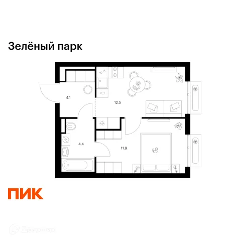 Планировка 1 комн. в ЖК Зелёный парк