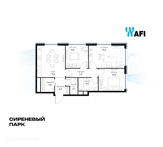 Планировка 3 комн. в ЖК "Сиреневый парк"