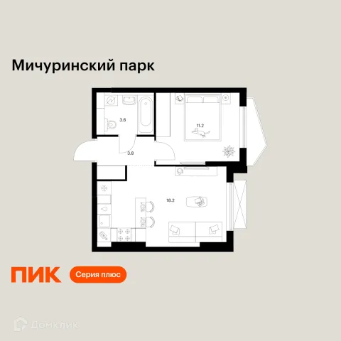Планировка 1 комн. в ЖК Мичуринский парк
