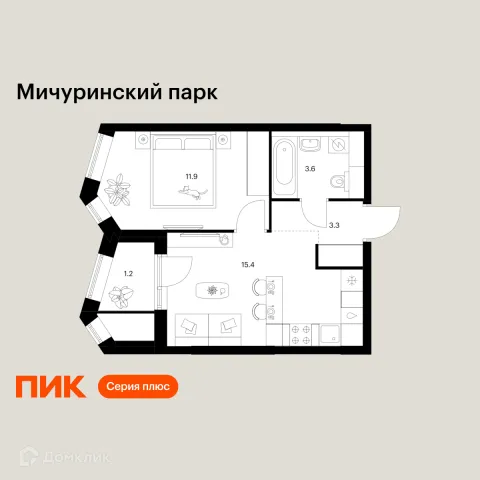 Планировка 1 комн. в ЖК Мичуринский парк
