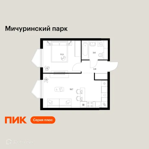 Планировка 1 комн. в ЖК Мичуринский парк