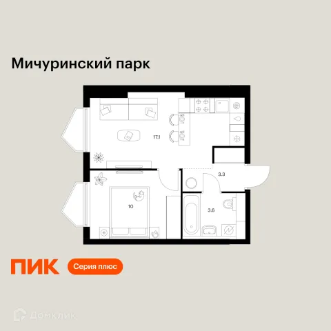 Планировка 1 комн. в ЖК Мичуринский парк