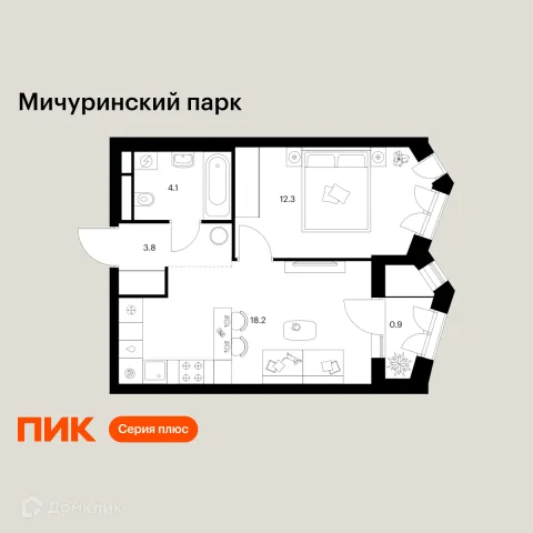Планировка 1 комн. в ЖК Мичуринский парк