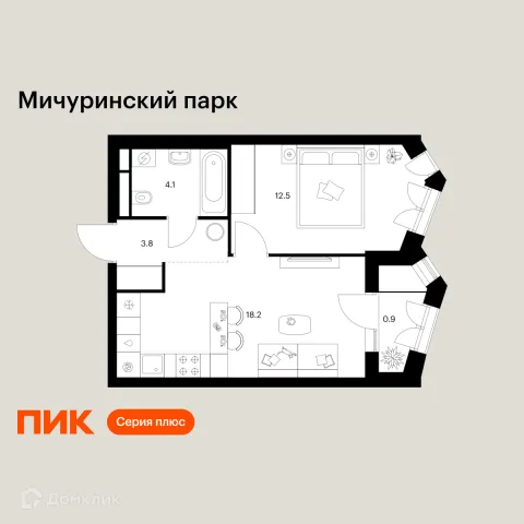 Планировка 1 комн. в ЖК Мичуринский парк