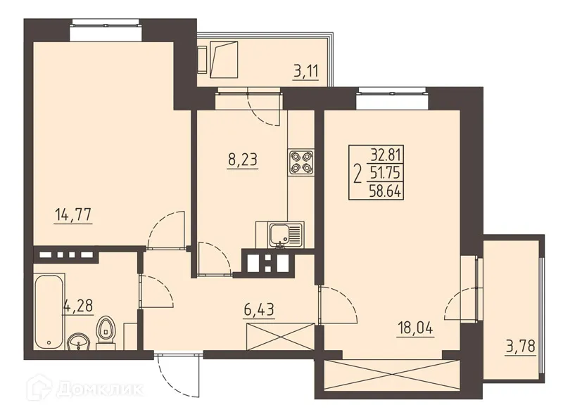 Планировка 2-комнатной квартиры 59.2 м² в ЖК Очаг, г. Иркутск — фото 1