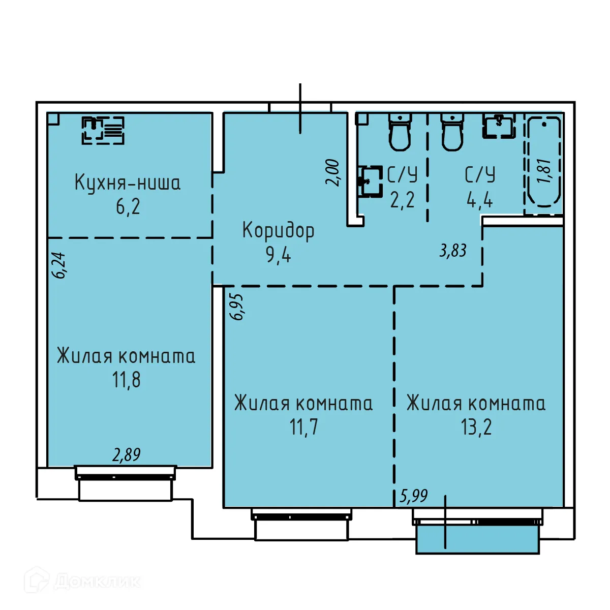 Планировка 3-комнатной квартиры 59.8 м² в ЖК СТРИЖИ СИТИ, г. Иркутск — фото 1