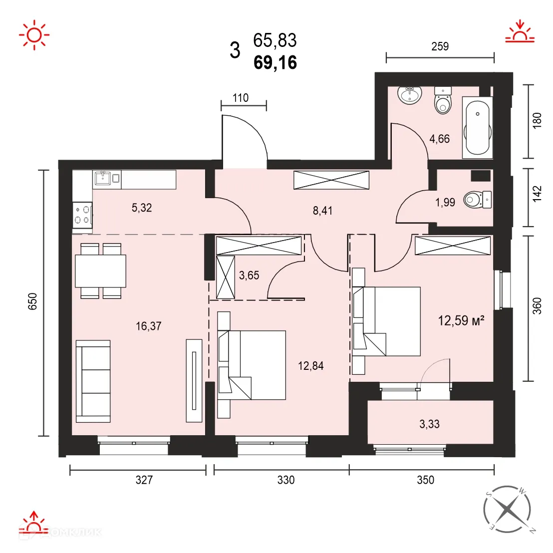 Планировка 3-комнатной квартиры 69.16 м² в ЖК АВТОР, г. Иркутск — фото 1