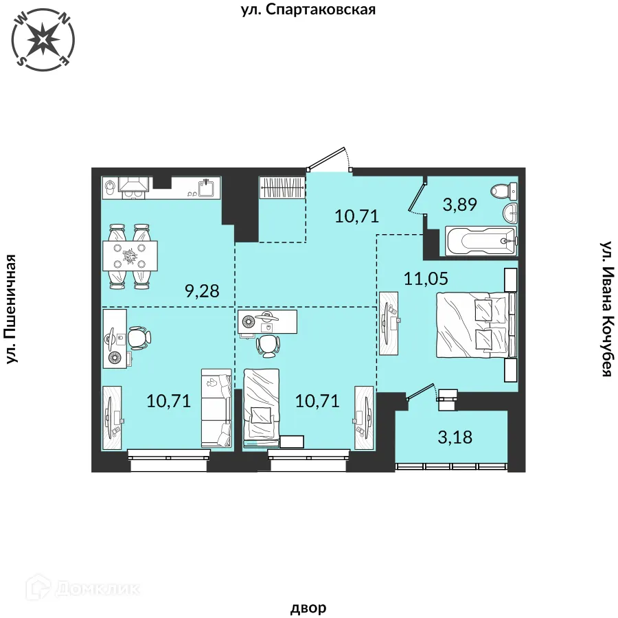 Планировка 3-комнатной квартиры 59.53 м² в ЖК Источник, г. Иркутск — фото 1