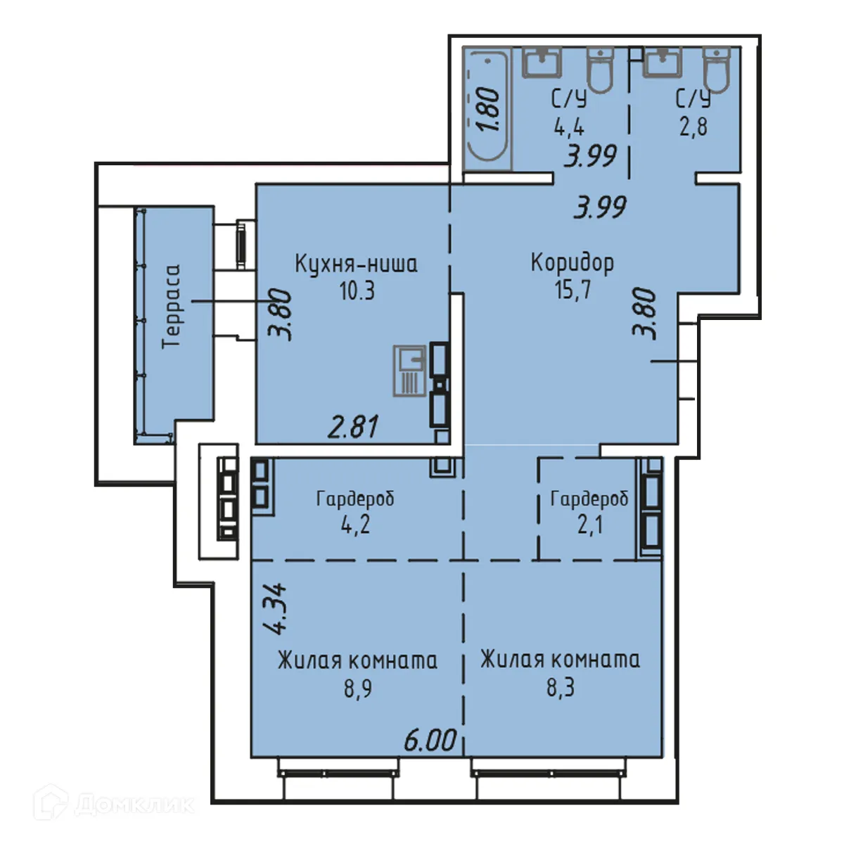 Планировка 2-комнатной квартиры 59.7 м² в ЖК СТРИЖИ СИТИ, г. Иркутск — фото 1