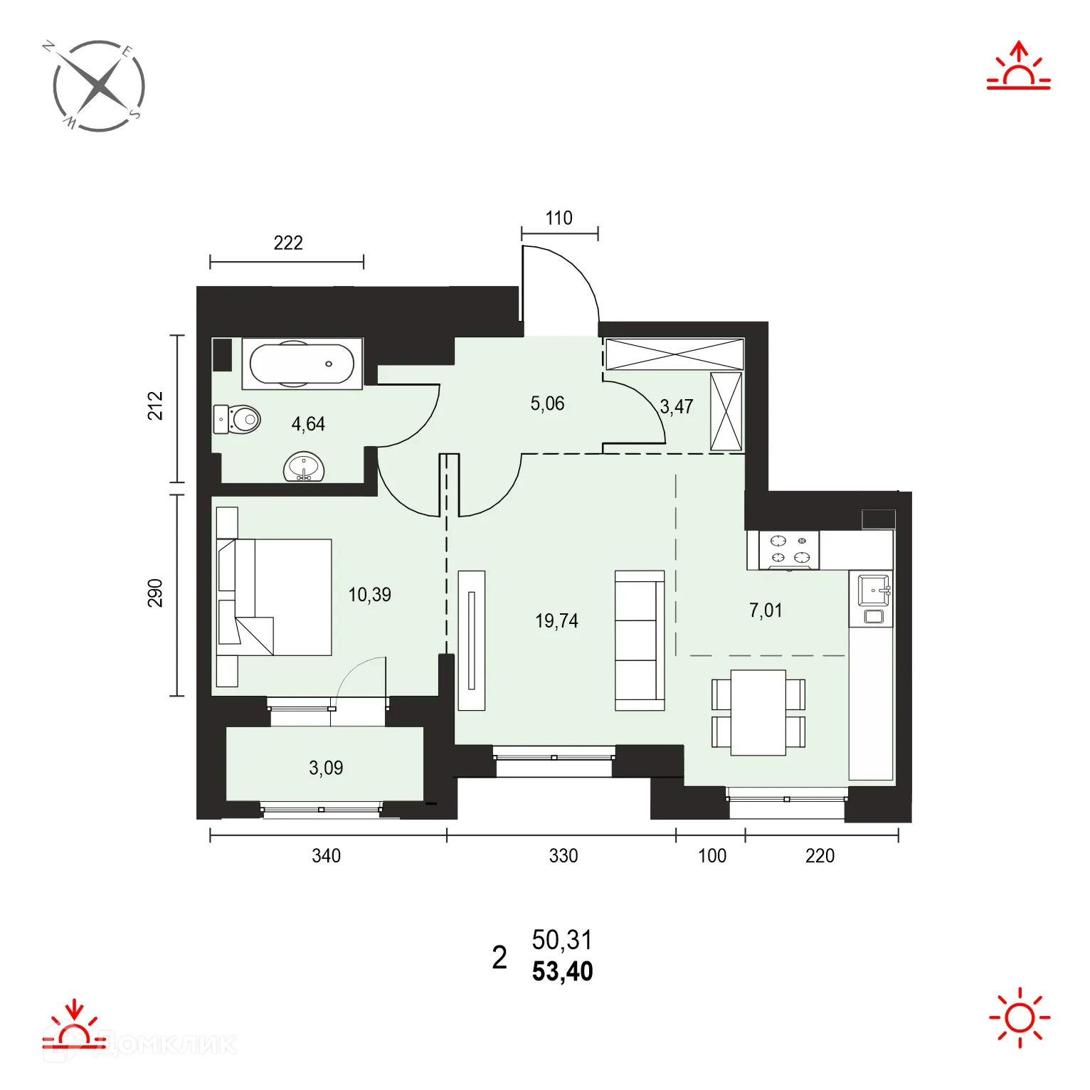Планировка 2-комнатной квартиры 53.4 м² в ЖК АВТОР, г. Иркутск — фото 1