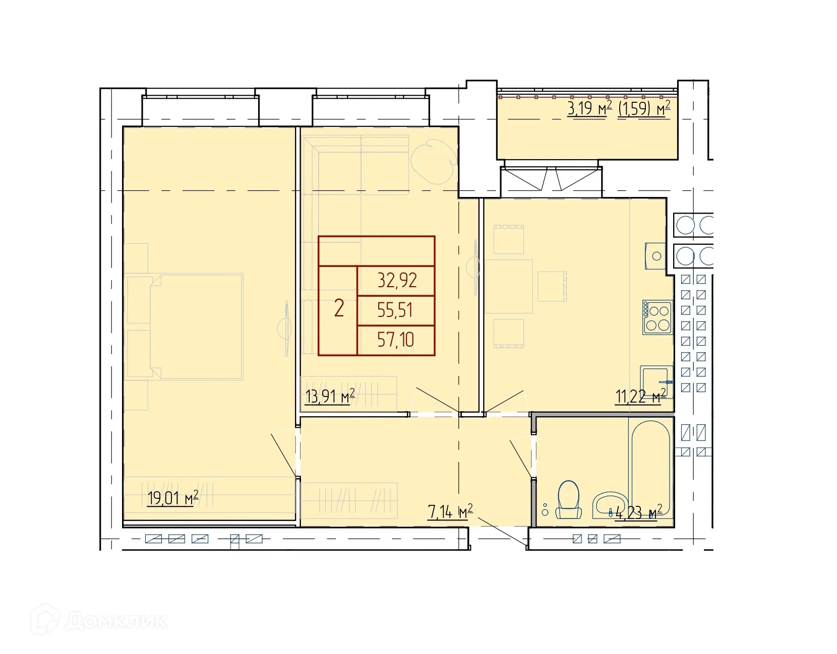 Планировка 2-комнатной квартиры 57.1 м² в ЖК НЕВСКИЙ, г. Кострома — фото 4