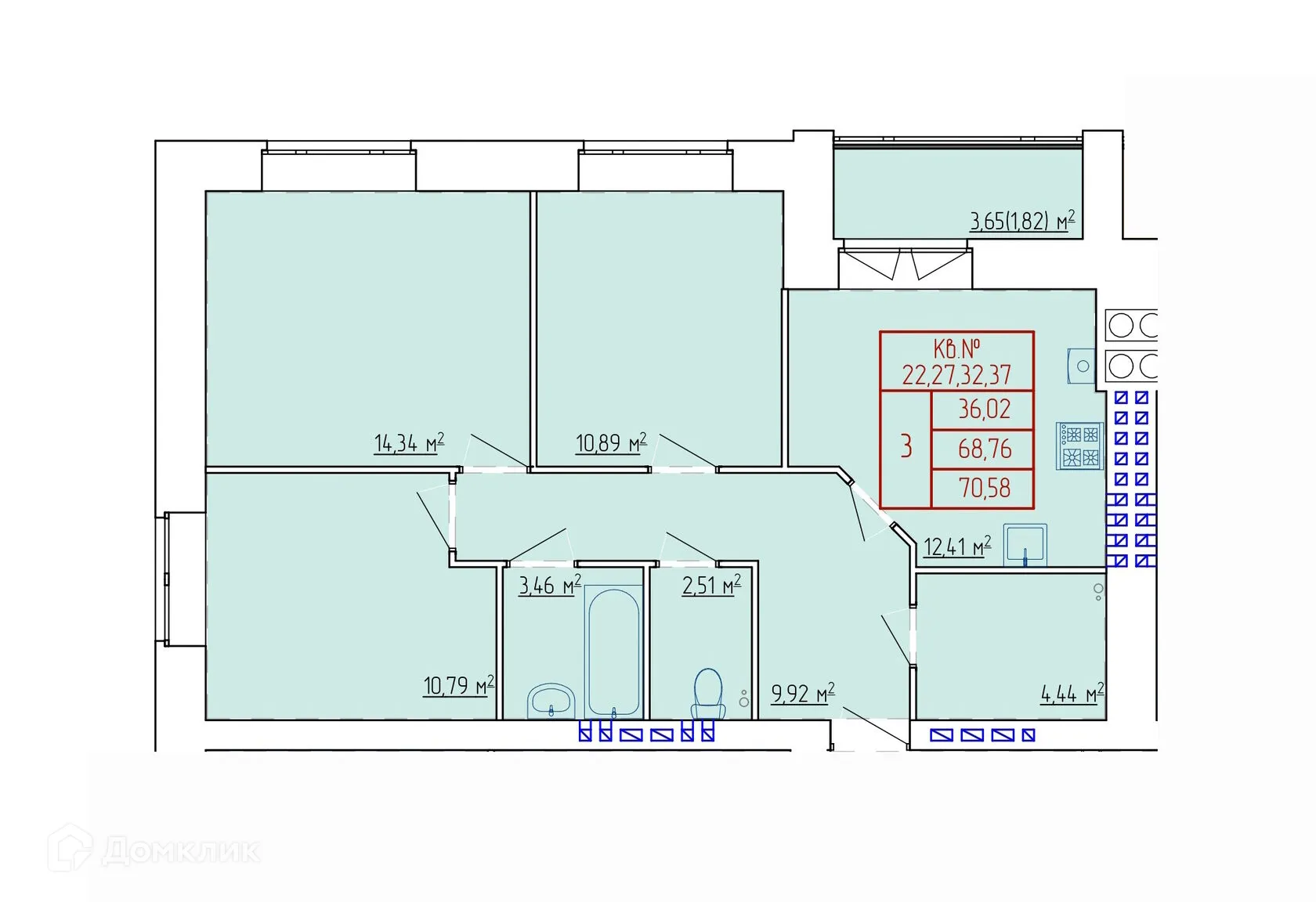 Планировка 3-комнатной квартиры 70.58 м² в ЖК НЕВСКИЙ, г. Кострома — фото 4