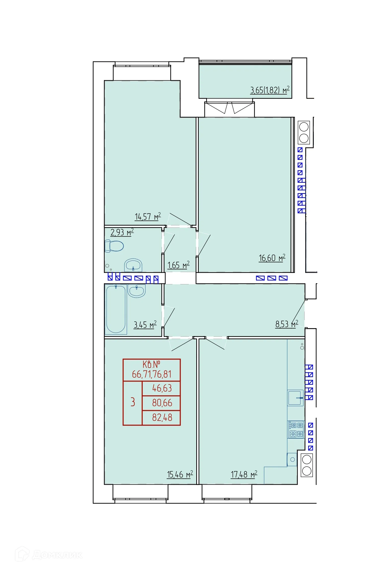 Планировка 3-комнатной квартиры 82.48 м² в ЖК НЕВСКИЙ, г. Кострома — фото 4