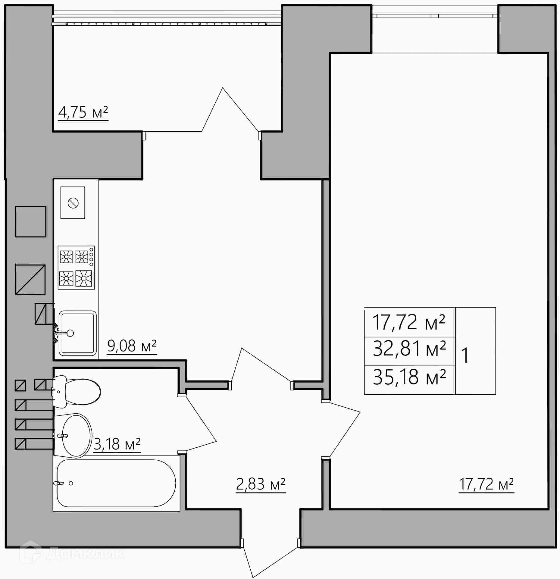 Планировка 1-комнатной квартиры 35.18 м² в ЖК Мирный, г. Кострома — фото 1