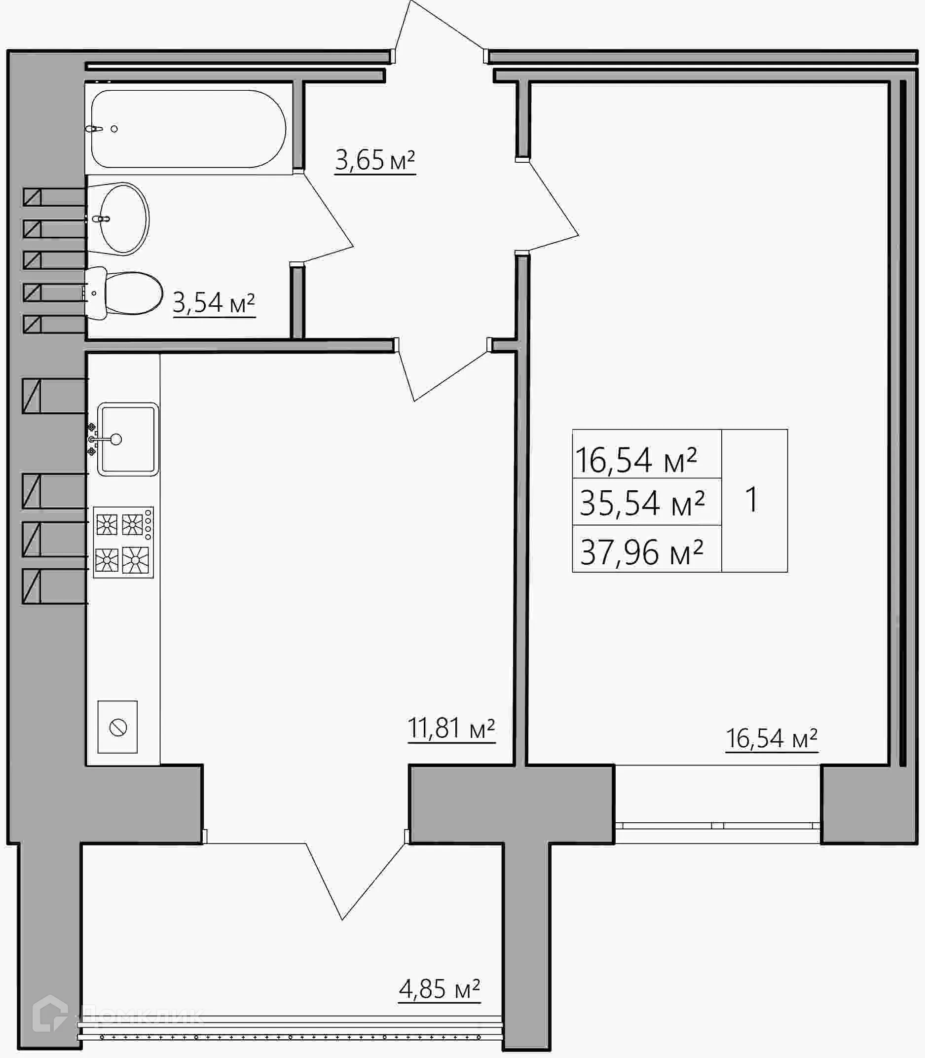 Планировка 1-комнатной квартиры 37.96 м² в ЖК Мирный, г. Кострома — фото 1