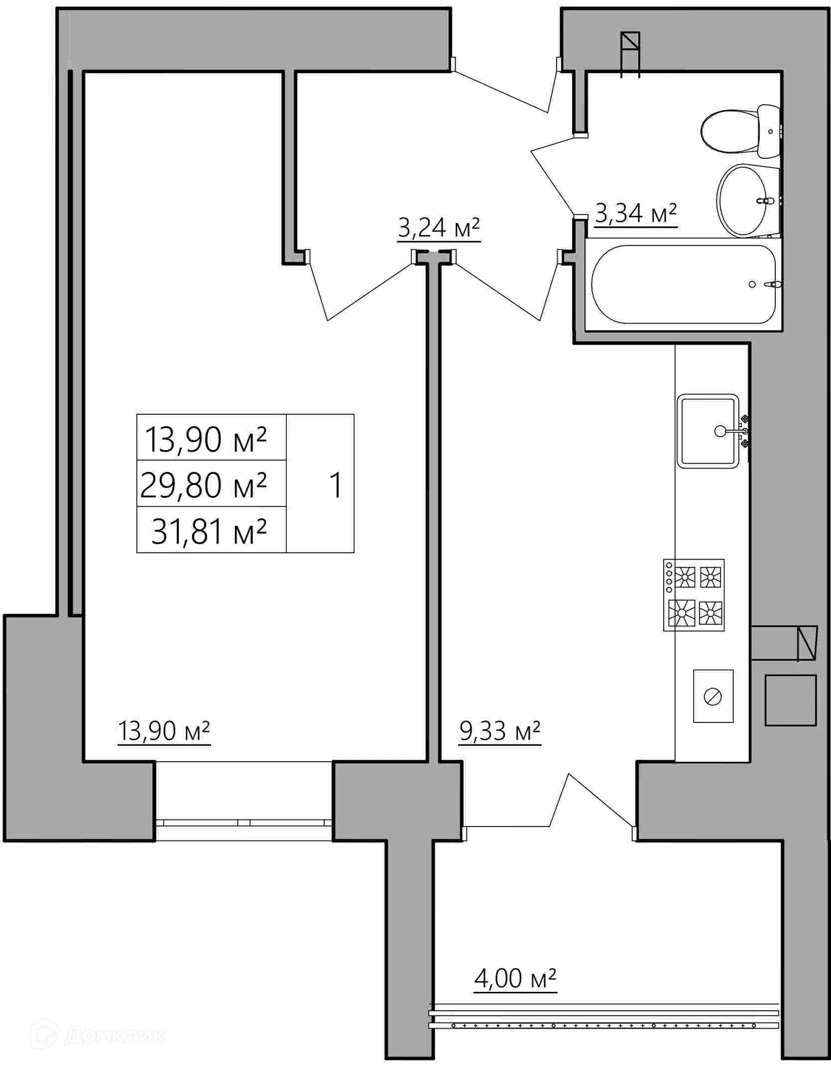 Планировка 1-комнатной квартиры 31.81 м² в ЖК Мирный, г. Кострома — фото 1