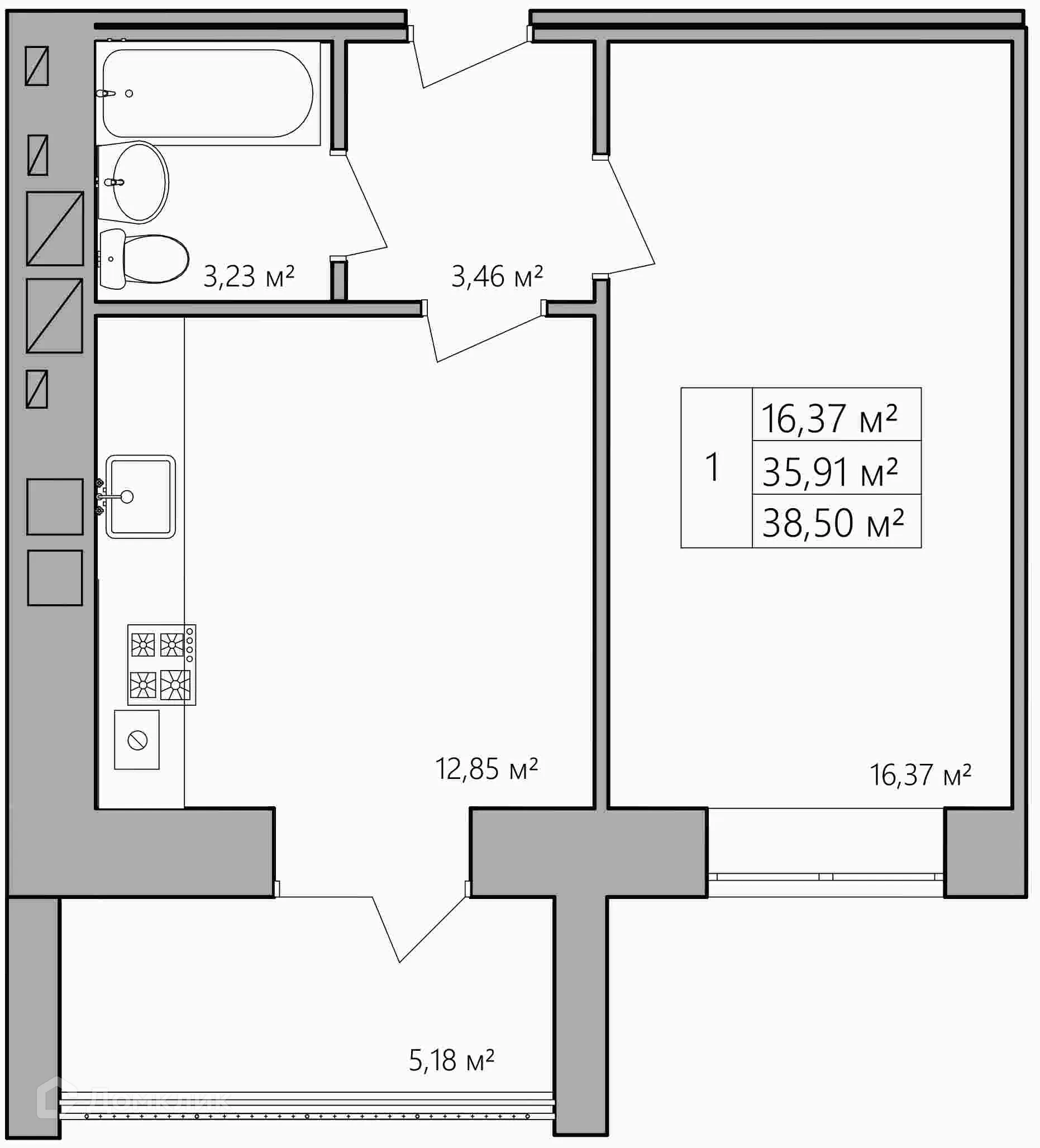 Планировка 1-комнатной квартиры 35.5 м² в ЖК Мирный, г. Кострома — фото 1