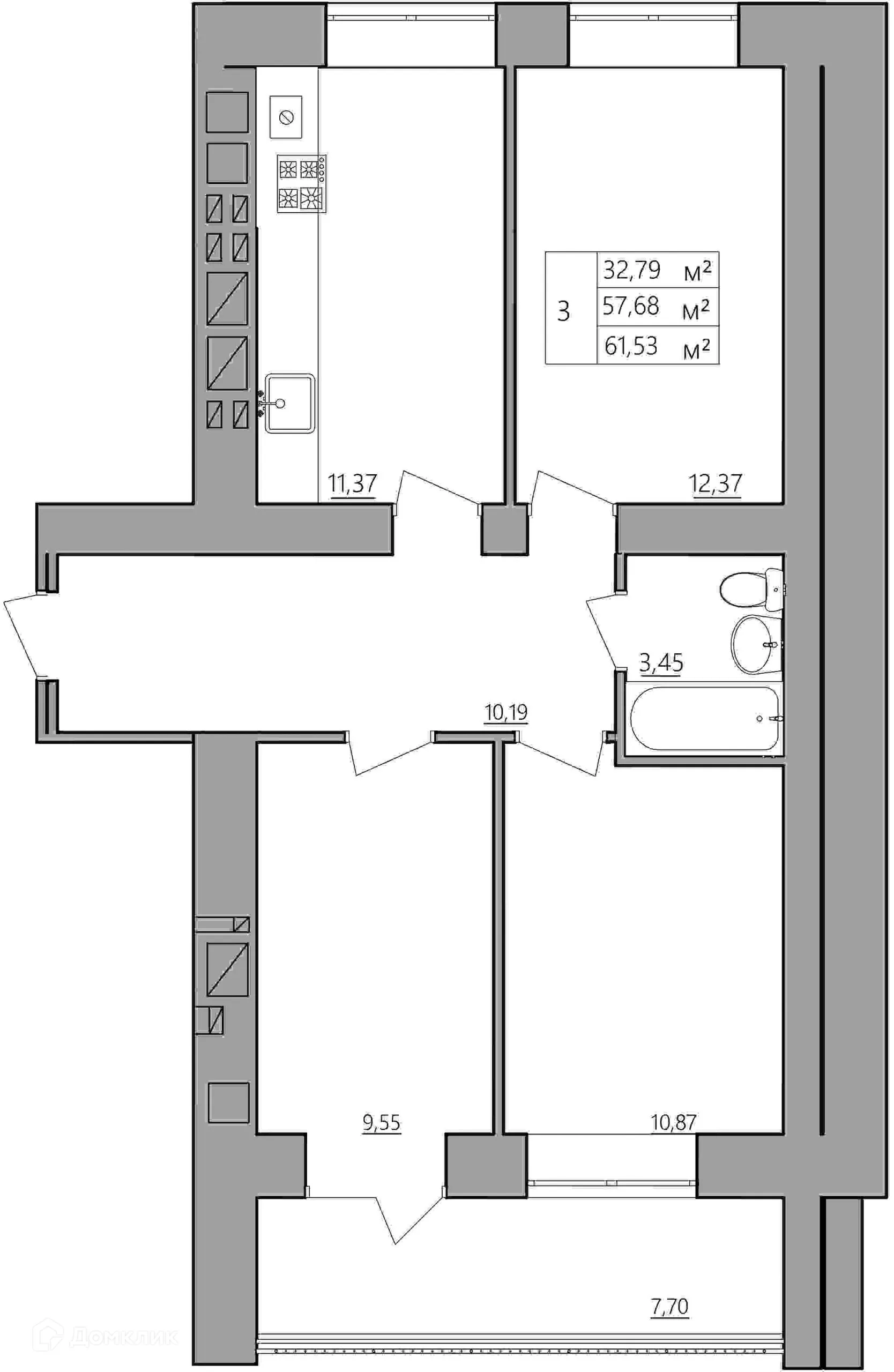 Планировка 3-комнатной квартиры 61.53 м² в ЖК Мирный, г. Кострома — фото 1