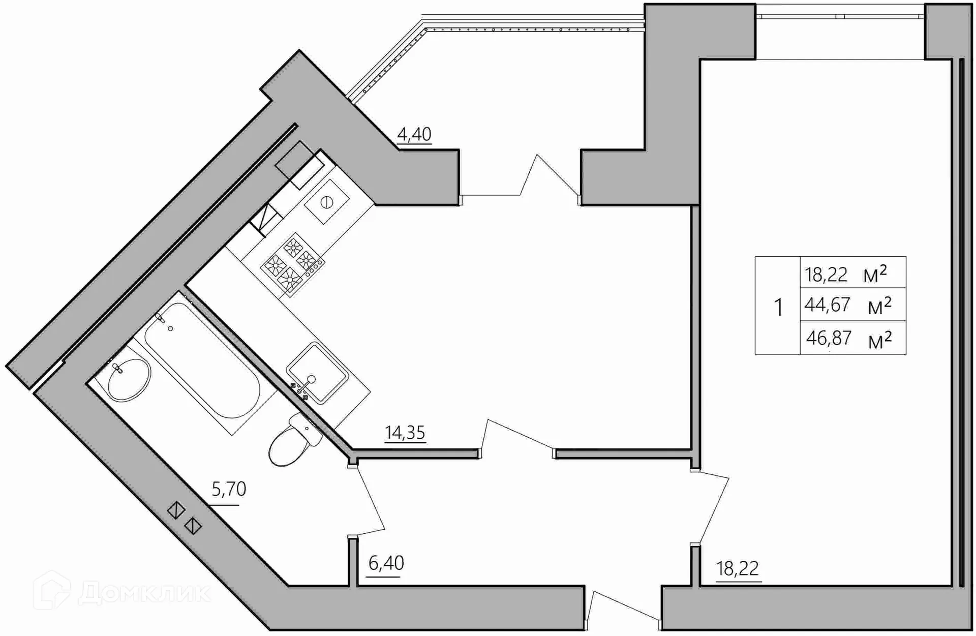 Планировка 1-комнатной квартиры 46.87 м² в ЖК Мирный, г. Кострома — фото 1