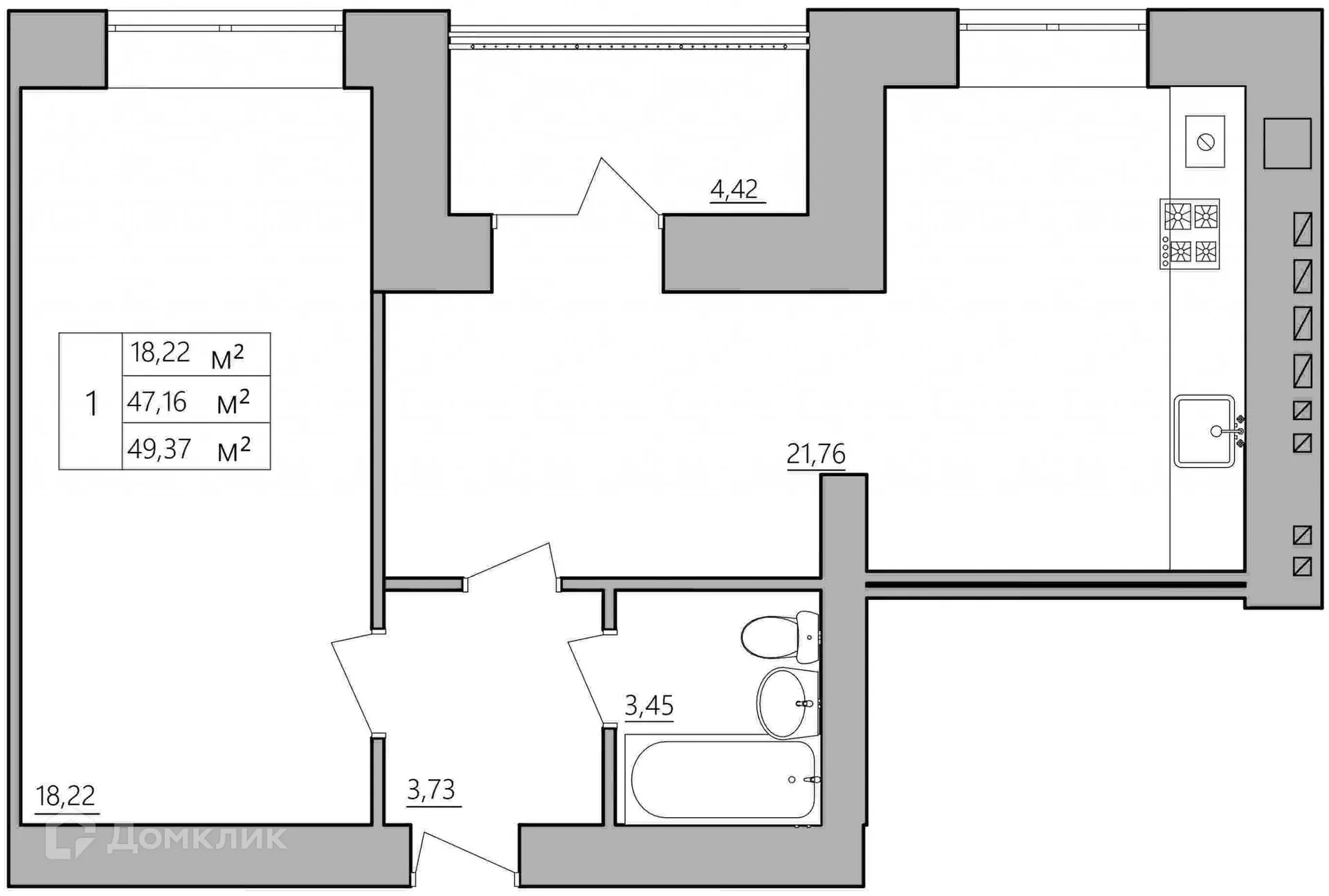 Планировка 1-комнатной квартиры 49.37 м² в ЖК Мирный, г. Кострома — фото 1