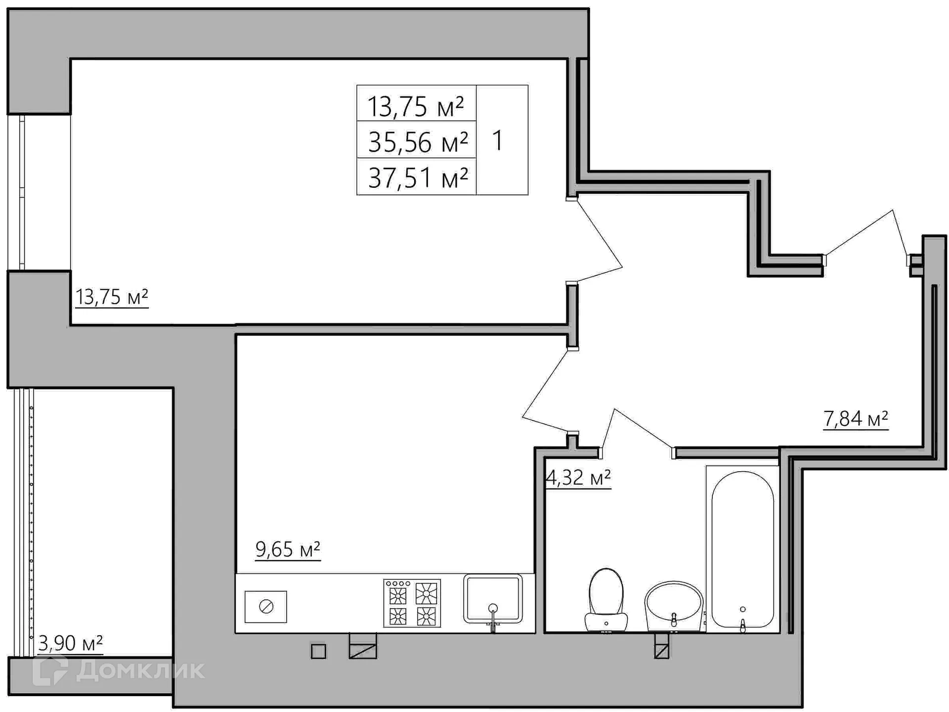 Планировка 1-комнатной квартиры 37.51 м² в ЖК Мирный, г. Кострома — фото 1