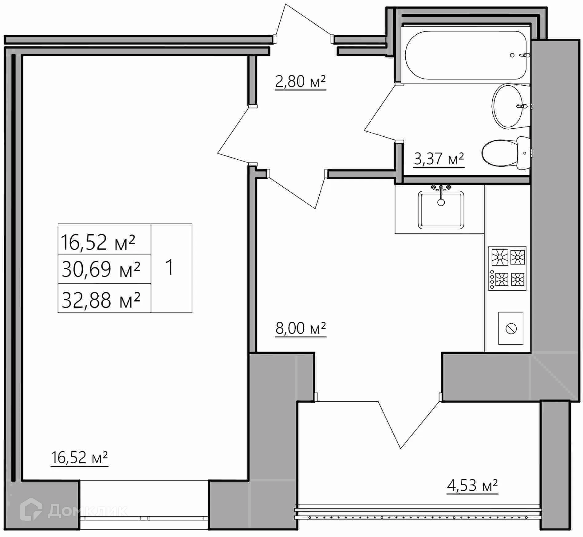 Планировка 1-комнатной квартиры 32.88 м² в ЖК Мирный, г. Кострома — фото 1