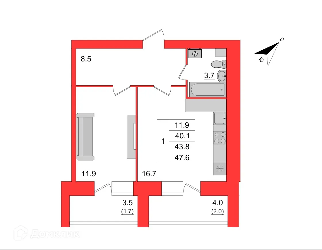Планировка 1-комнатной квартиры 40.1 м² в ЖК по улице Центральная, г. Кострома — фото 1