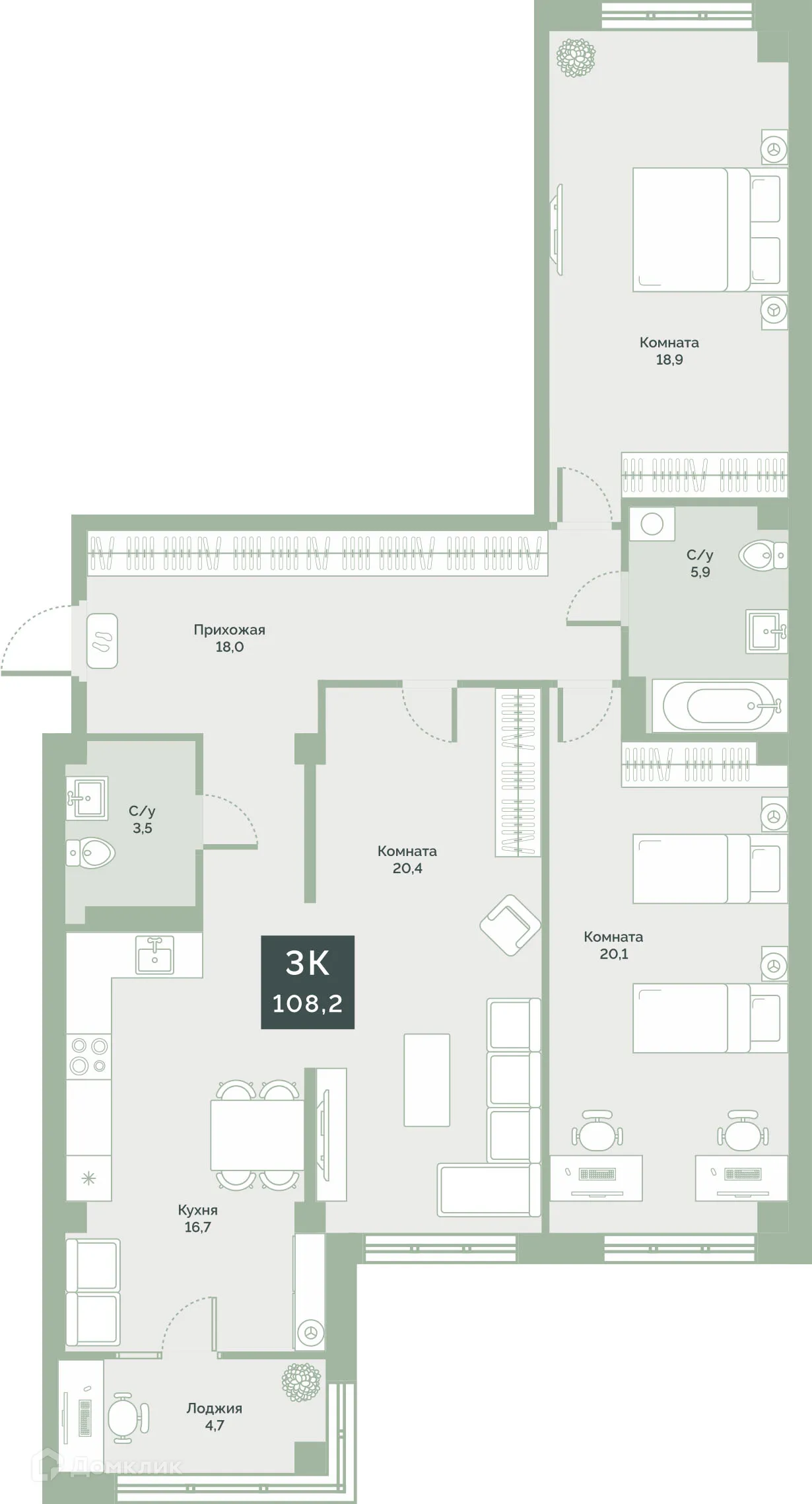Планировка 3-комнатной квартиры 108.2 м² в ЖК "Районы-Кварталы", г. Курган — фото 1