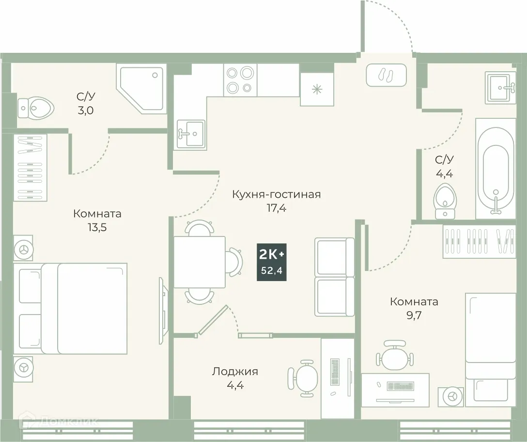 Планировка 2-комнатной квартиры 52.4 м² в ЖК "Районы-Кварталы", г. Курган — фото 1