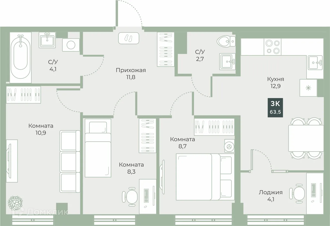 Планировка 3-комнатной квартиры 63.5 м² в ЖК "Районы-Кварталы", г. Курган — фото 1