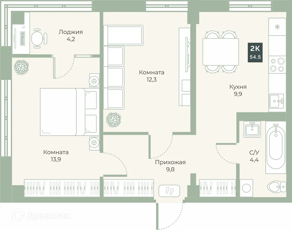 Планировка 2-комнатной квартиры 54.5 м² в ЖК "Районы-Кварталы", г. Курган — фото 1