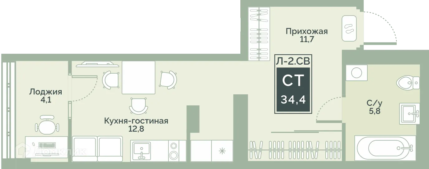 Планировка студии квартиры 34.4 м² в ЖК "Районы-Кварталы", г. Курган — фото 1