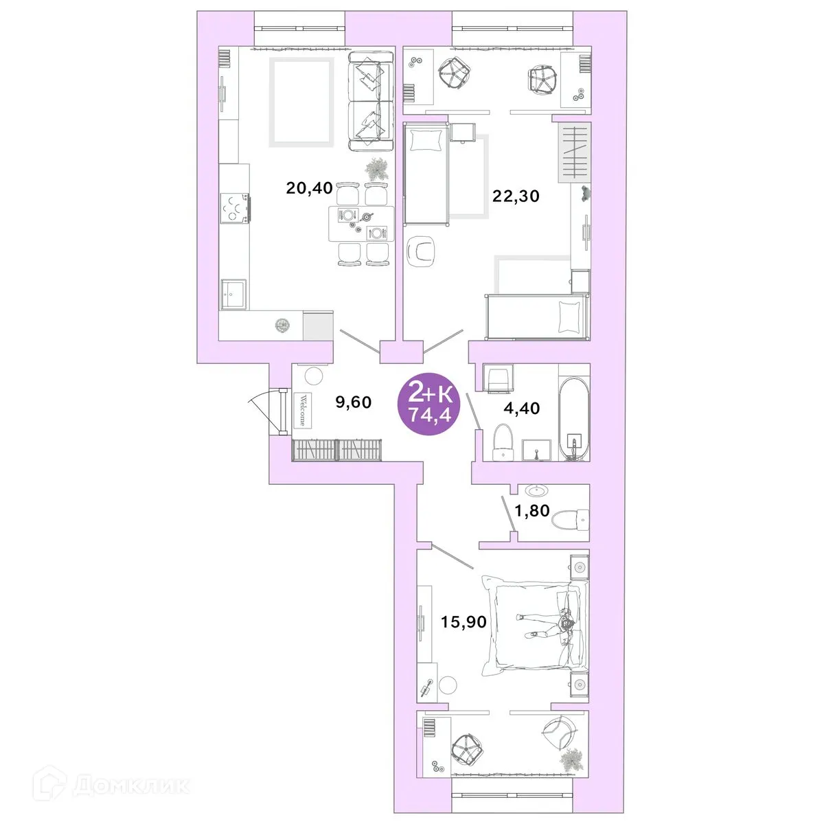 Планировка 2-комнатной квартиры 74.4 м² в ЖК Ростоши Премьер, г. Оренбург — фото 1