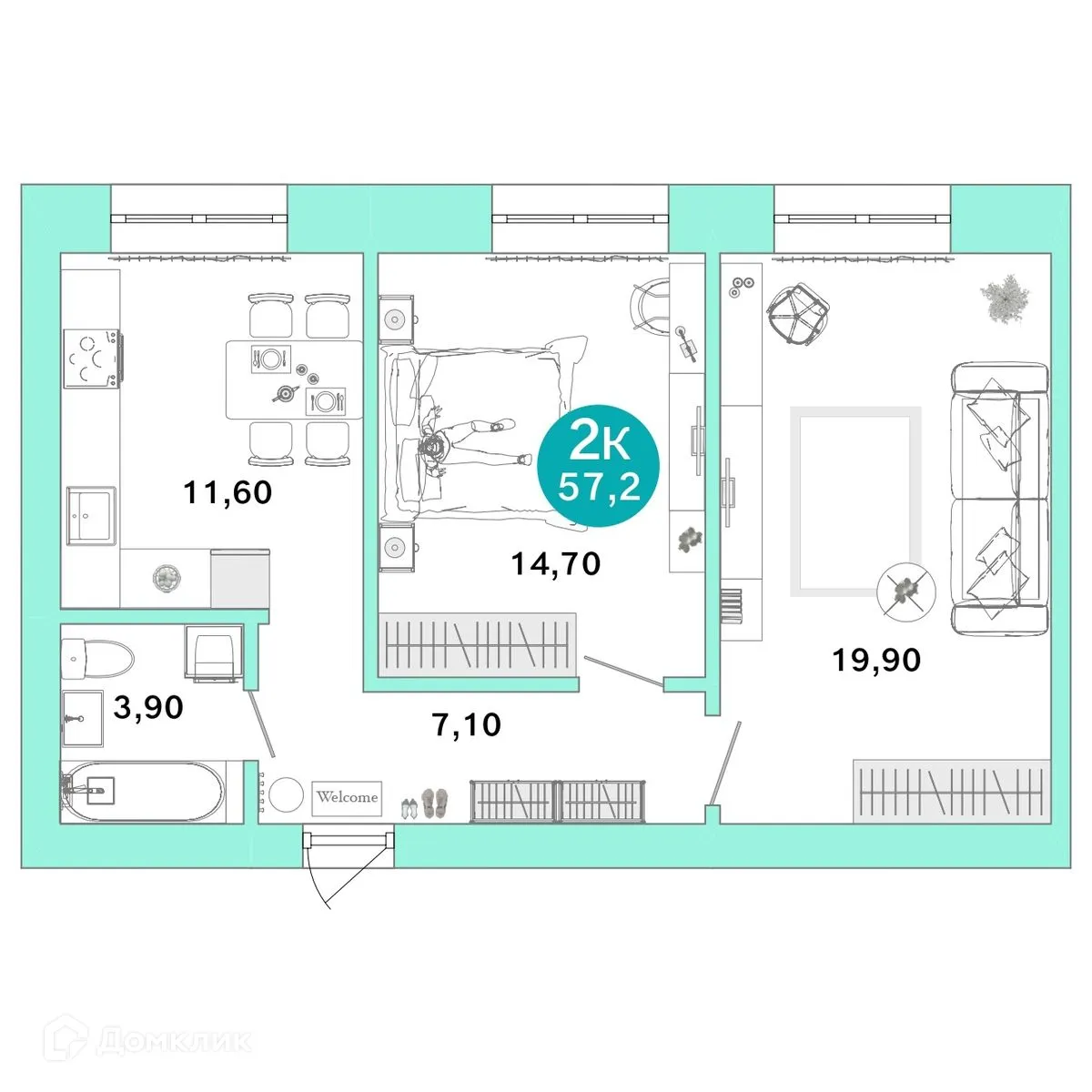 Планировка 2-комнатной квартиры 57.2 м² в ЖК Ростоши Премьер, г. Оренбург — фото 1