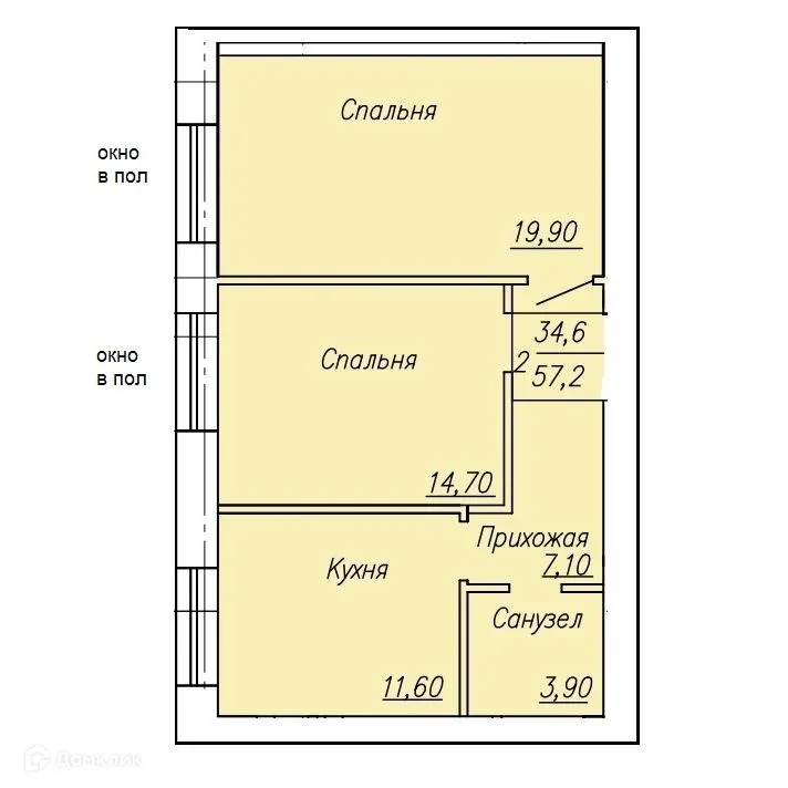 Планировка 2-комнатной квартиры 57.2 м² в ЖК Ростоши Премьер, г. Оренбург — фото 2