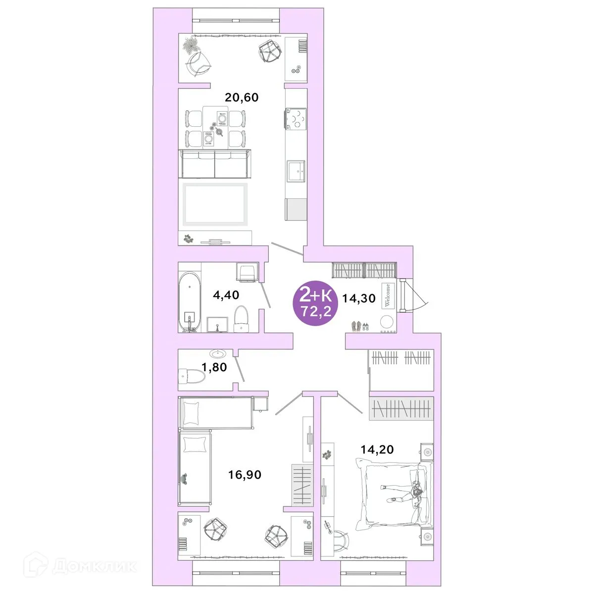 Планировка 2-комнатной квартиры 72.2 м² в ЖК Ростоши Премьер, г. Оренбург — фото 1
