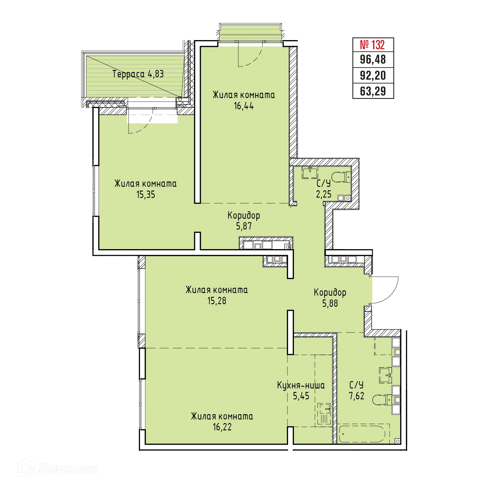 Планировка 4-комнатной квартиры 96.48 м² в ЖК СТРИЖИ СИТИ, г. Иркутск — фото 1